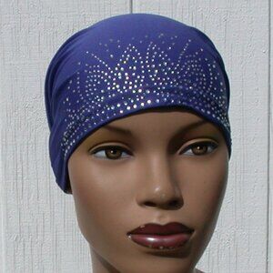 Rhinestone Tie Back Cap Cotton Bonnet Hijab Undercap Blue
